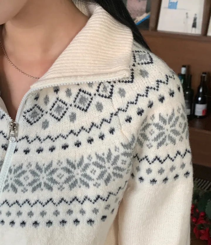 [2-WAYS] Nordic Style Snowflake Knit Zipper Jacket