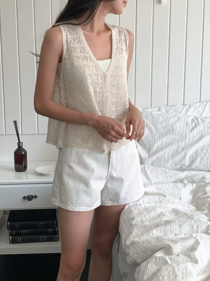Leaf Hollow Knit Vest Cardigan(4 colors)