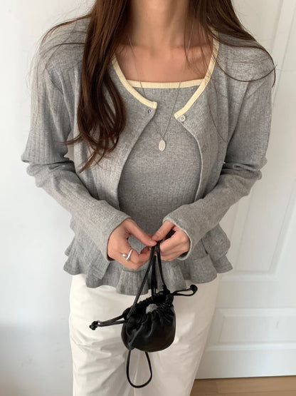 Sweet Piped Jacquard Ruffle 2-Piece Set(4 colors)