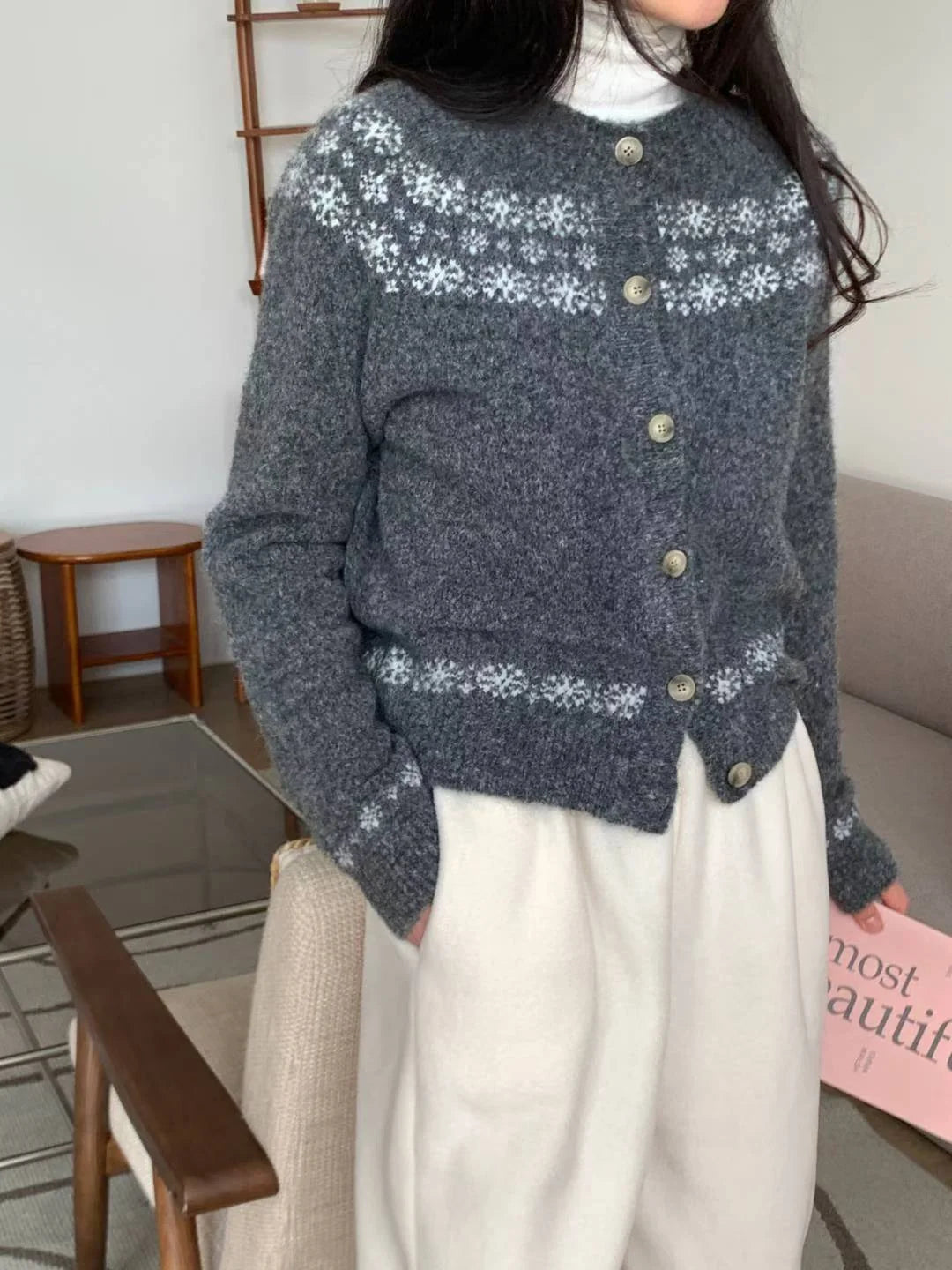 Nordic Snowflake Wool Cardigan(4 colors)