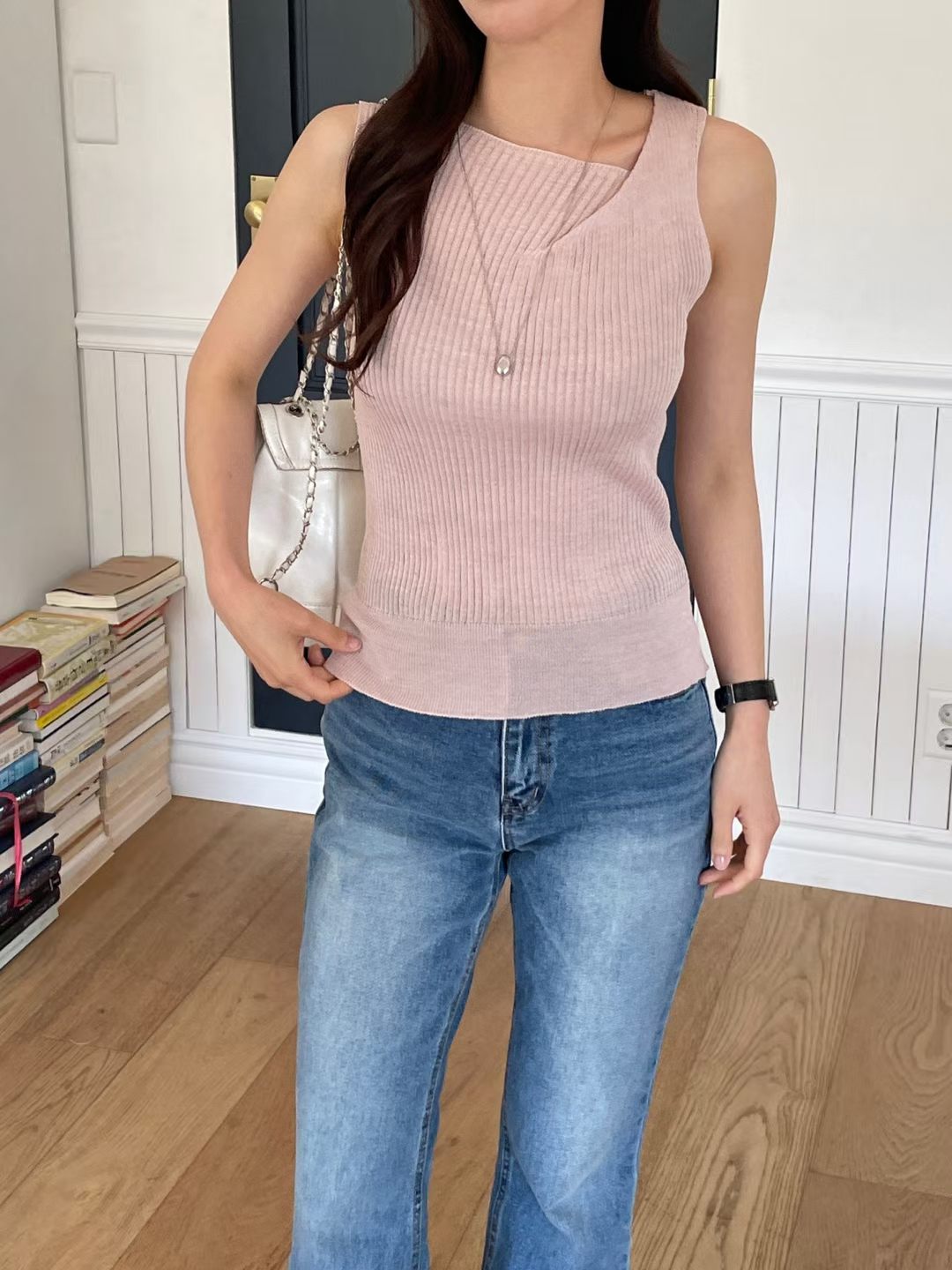Simple Asymmetric-Neck Linen Knit Tank(5 Colors)