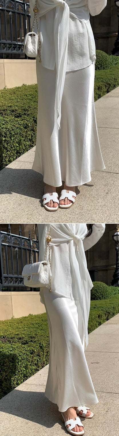 Feminine Silky Satin Banding Flare Maxi Skirt(2 colors)