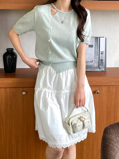Elegant Eyelet Buttoned Linen Knit Top(4 Colors)
