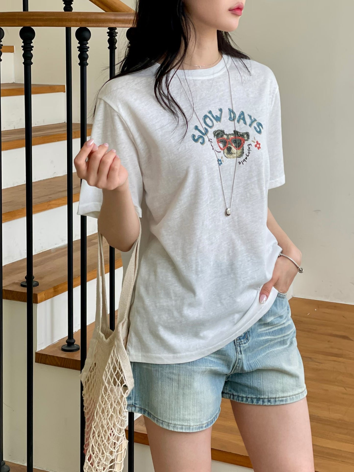 Oversized Slow Days Dog Graphic Cotton T-Shirt(3 Colors)