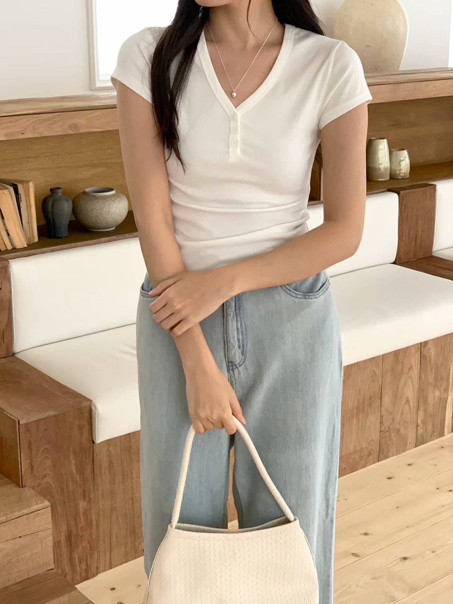 Minimalist V-Neck Button-Up Cotton Tee(3 Colors)