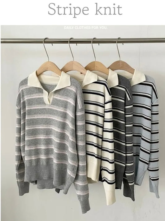 Vintage Contrast Stripe Collared Knit Top(4 colors)