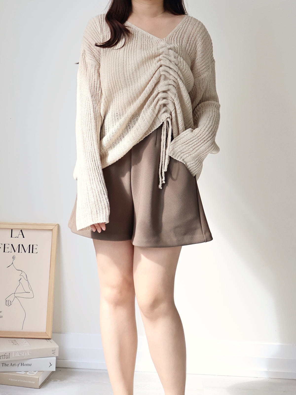 Effortless Drawstring Relaxed-Fit Knit Top(Beige)