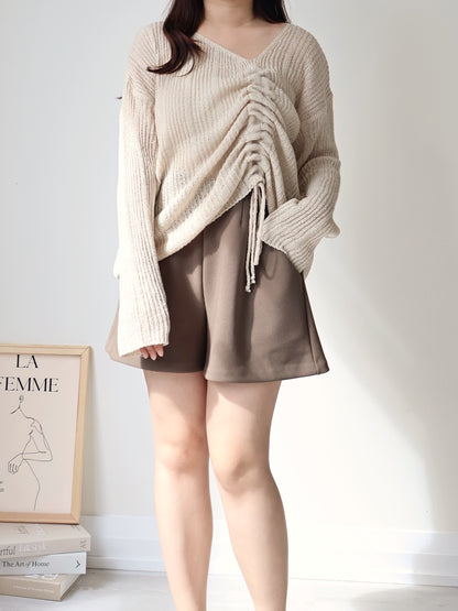 Effortless Drawstring Relaxed-Fit Knit Top(Beige)