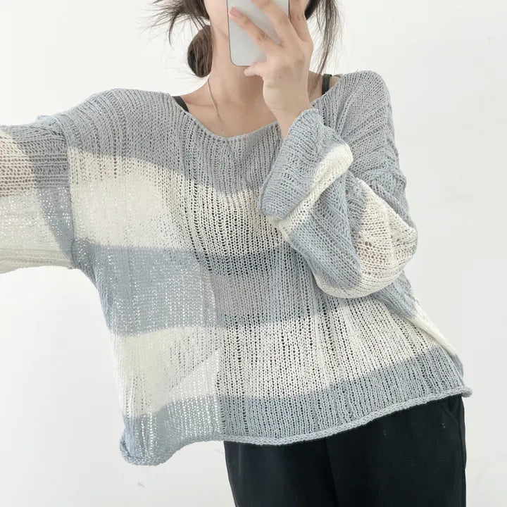 Soft Cable-Knit Colour-Block Top(Skyblue)