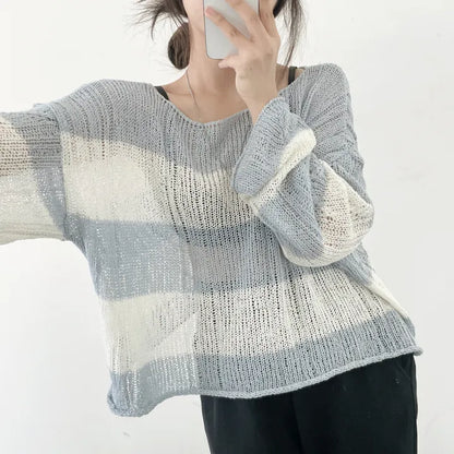 Soft Cable-Knit Colour-Block Top(Skyblue)