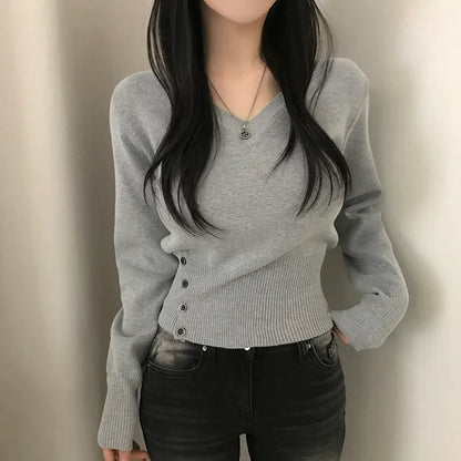 V-Neck Buttons Cinched-Waist Knit Top(5 colors)