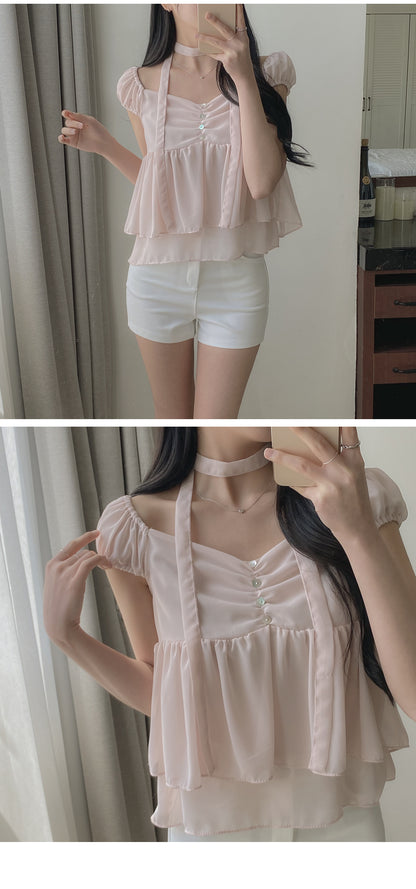 2-Way Flowy Tiered Puff-Sleeve Chiffon Blouse(3 Colors)