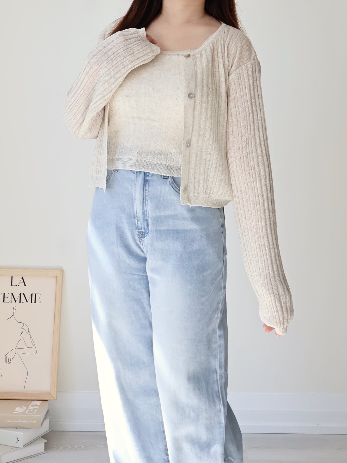 Breezy Cooling Linen Cami + Shell Button Cardigan Set(Oatmeal beige)