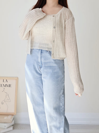 Breezy Cooling Linen Cami + Shell Button Cardigan Set(Oatmeal beige)
