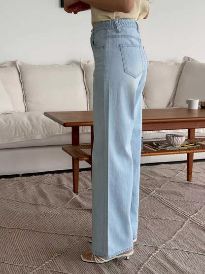 [Half Elastic Waist] Pajama-Soft Lightweight Stretchy Wide-Leg Bootcut Jeans(Light Blue)