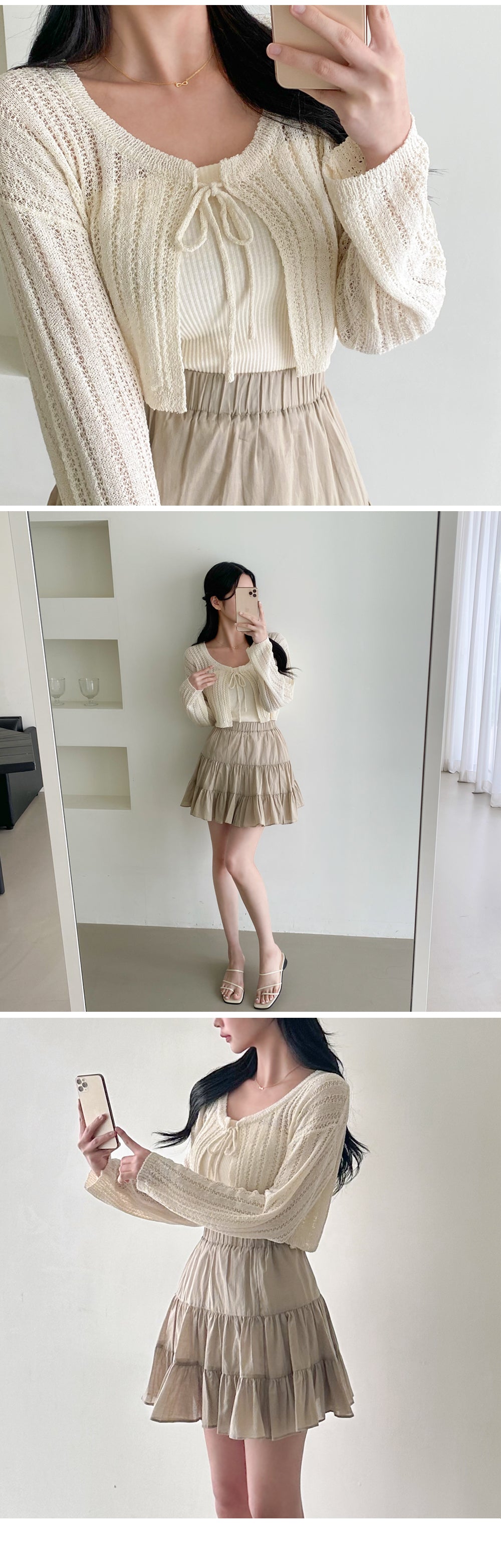 Romantic Ribbon Pointelle Knit Cropped Cardigan(5 colors)