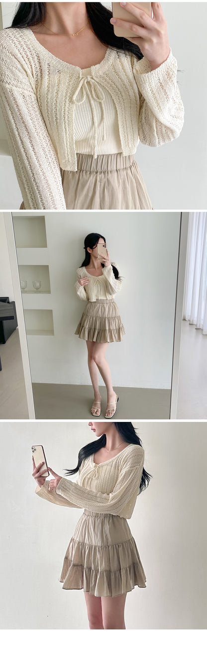Romantic Ribbon Pointelle Knit Cropped Cardigan(5 colors)