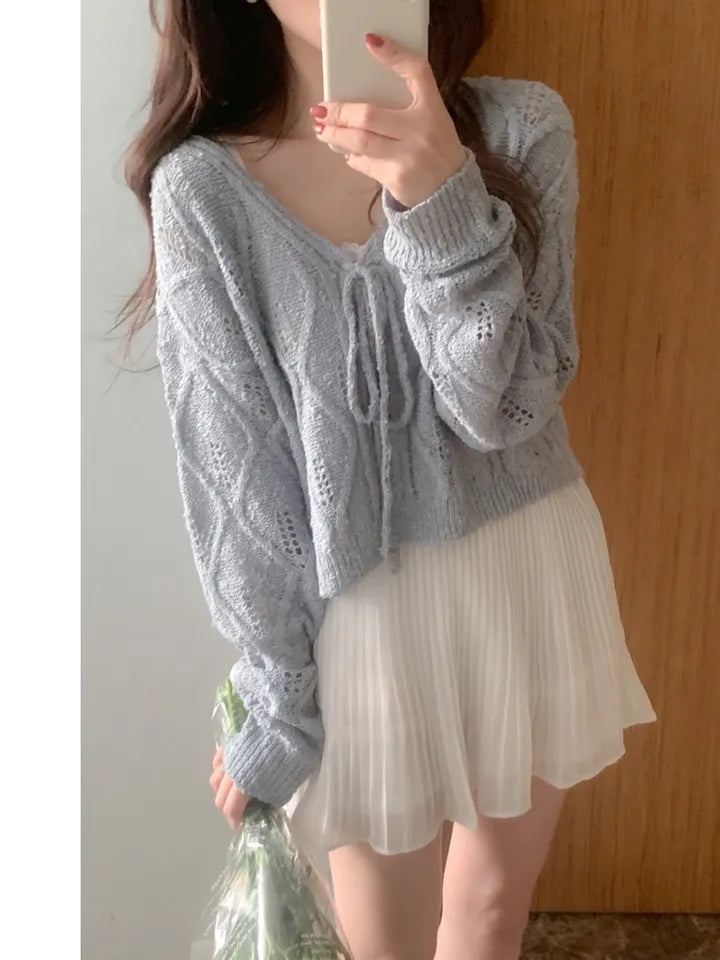 V-Neck Pointelle Tie-Front Knit Cardigan(5 colors)