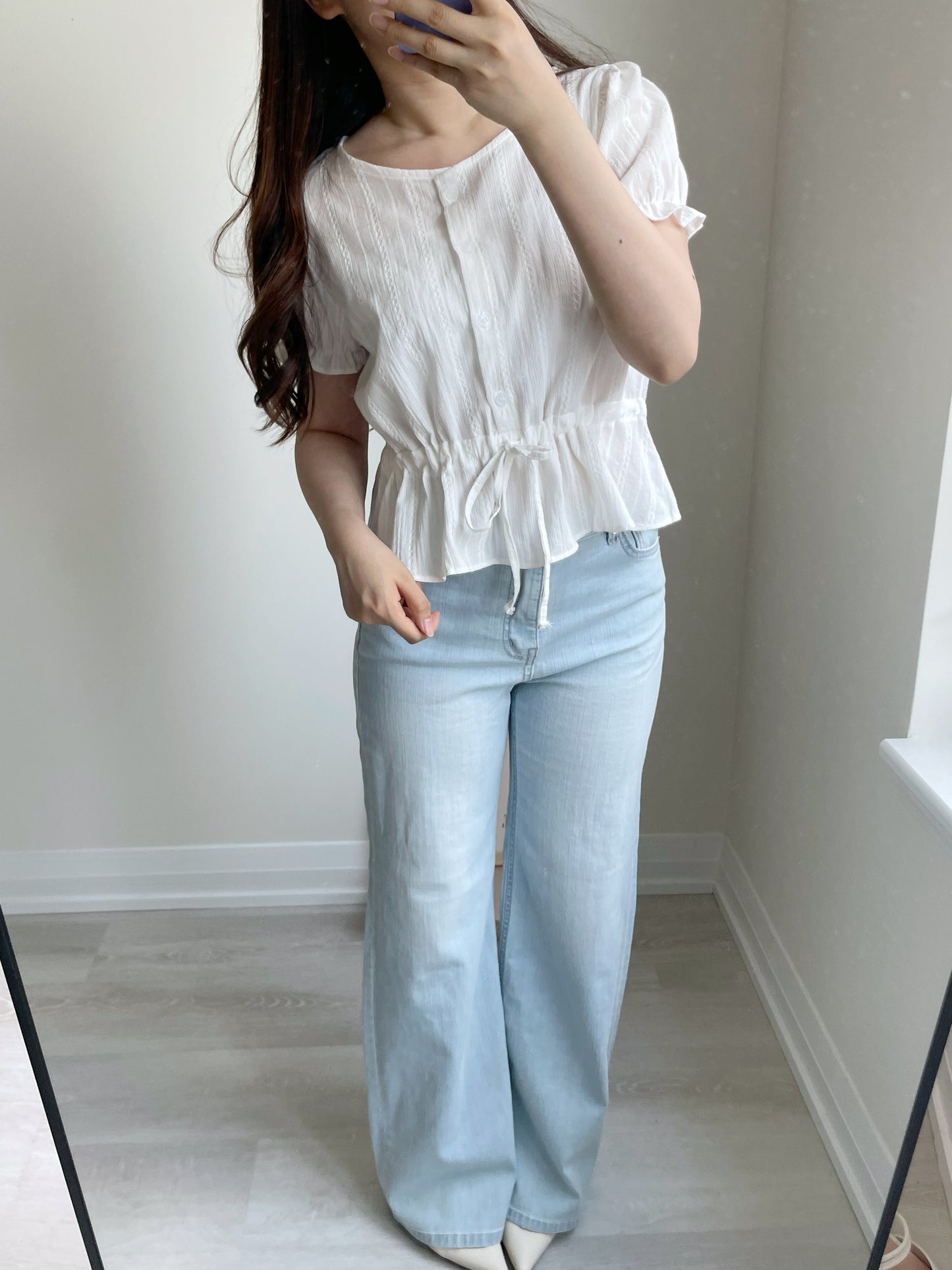 Frenchy Jacquard Cinched-Waist Cotton Blouse(2 Colors)