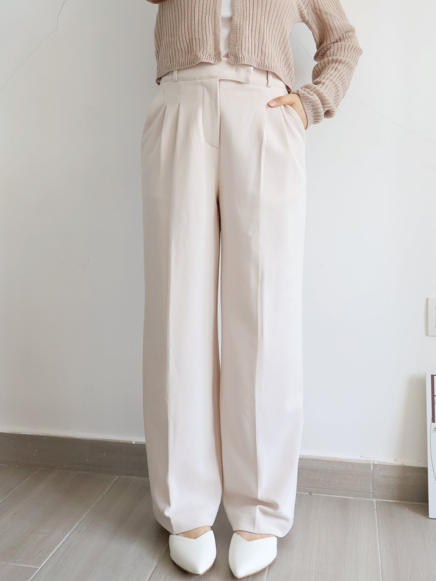 [Best Seller🏅] Wrinkle-free Fabric Pleated Straight Leg Trousers(Beige)