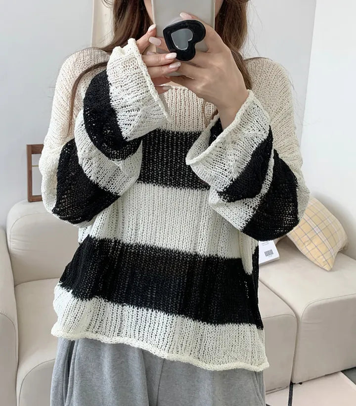 Soft Cable-Knit Colour-Block Top(Black)