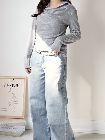 Layered Shirt-Collar Top(Grey)