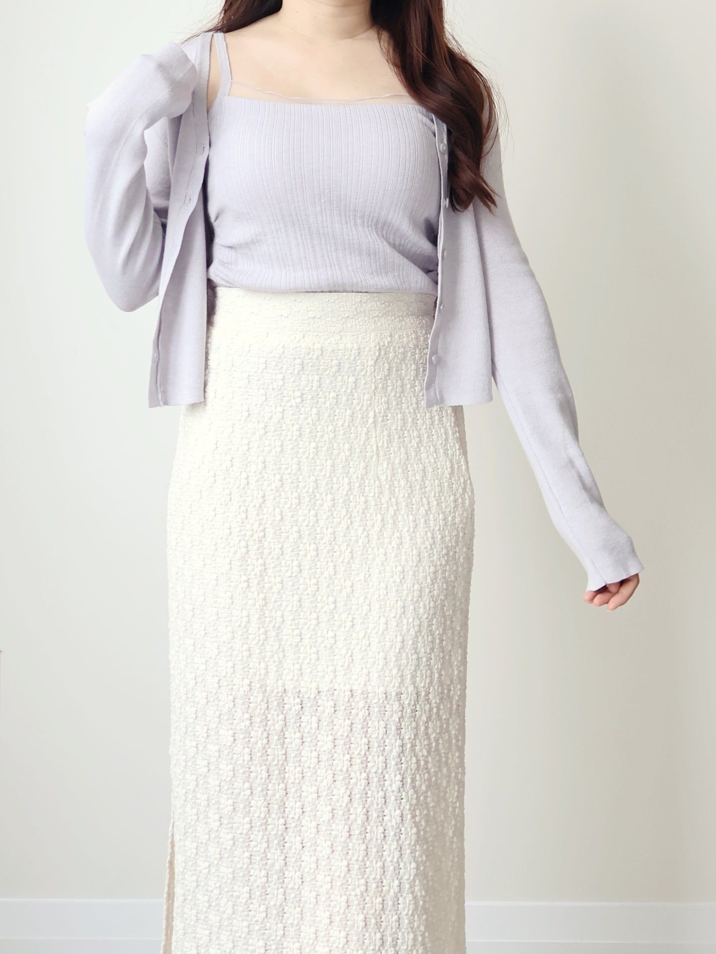 [2-Piece Set] Romantic Semi-Sheer Padded Camisole with Ultra-Soft Cardigan(Lavender)