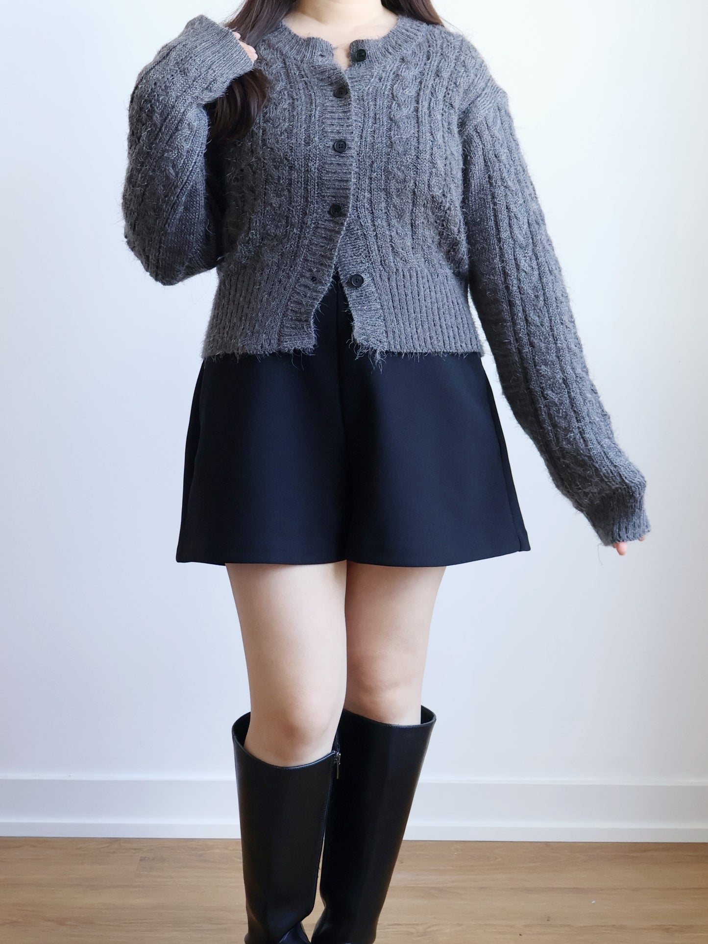Romantic Cable Knit Cardigan(Charcoal)
