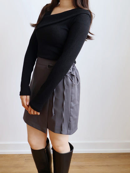 [2-WAYS] Elegant Irregular Neckline High-Elastic Knit Top(Black)