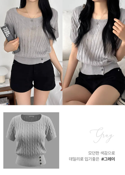 Daily Square Button Cable Knit Top
