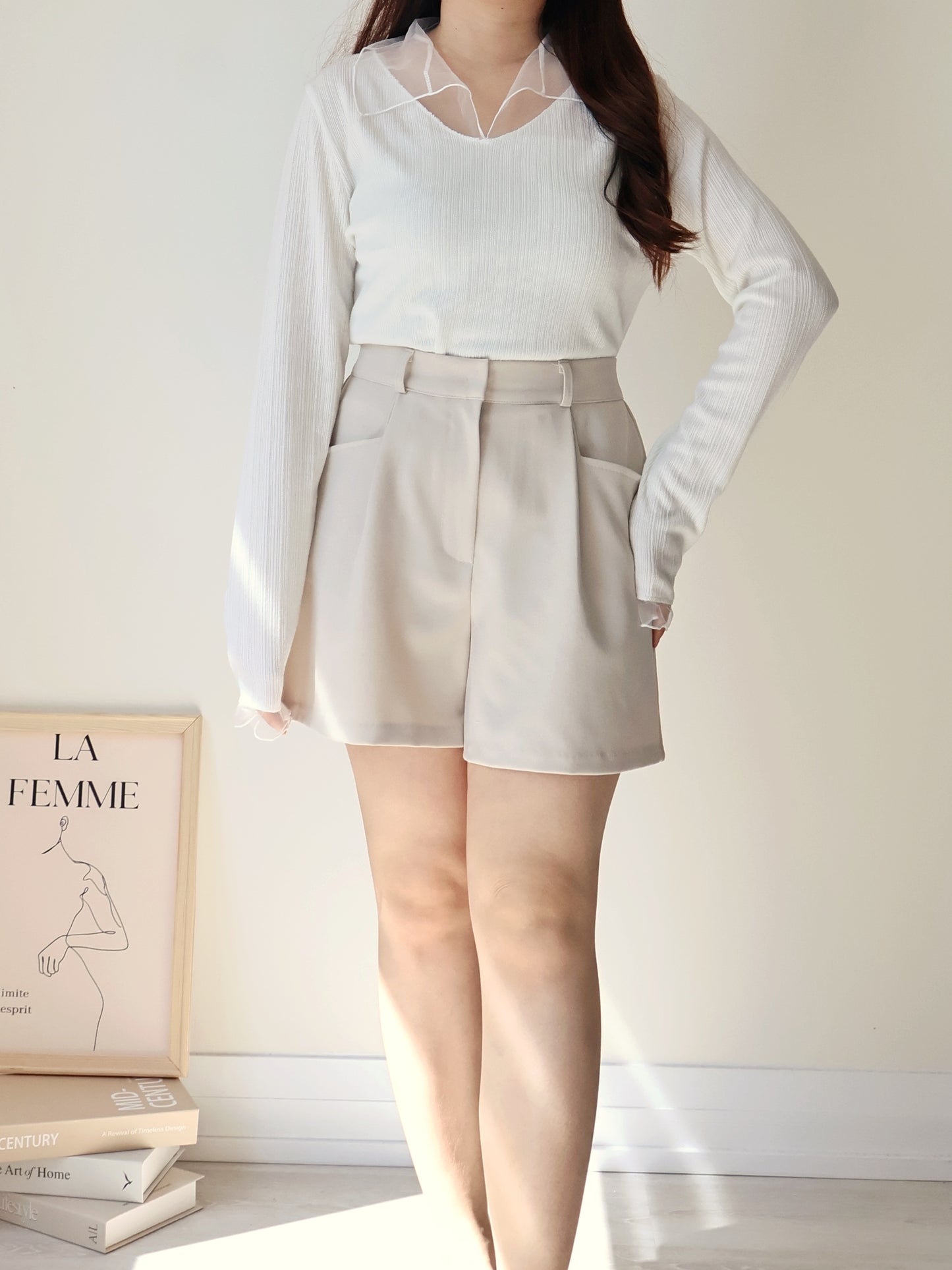 Graceful Sheer Trim V-Neck Top(Ivory)