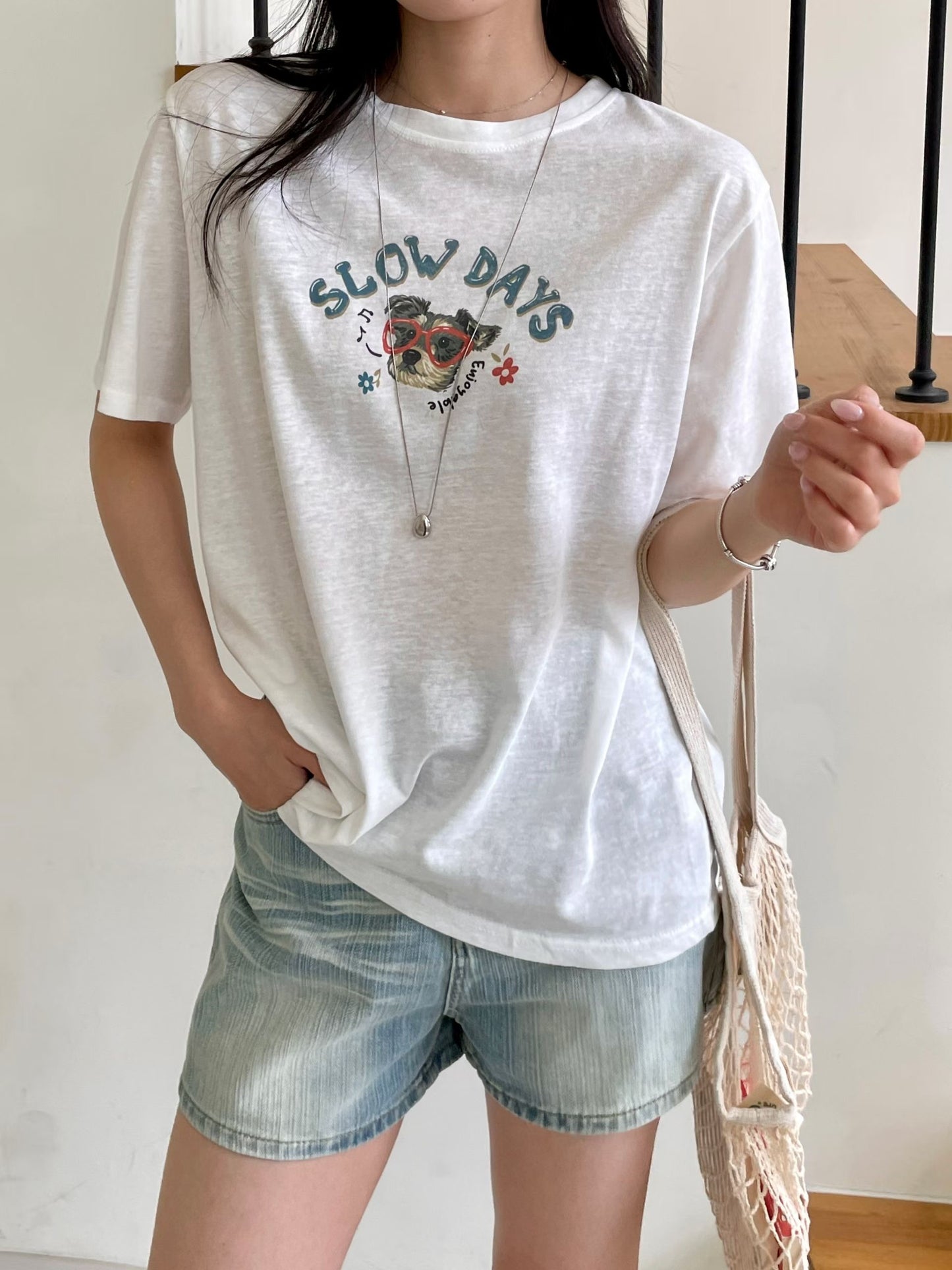 Oversized Slow Days Dog Graphic Cotton T-Shirt(3 Colors)
