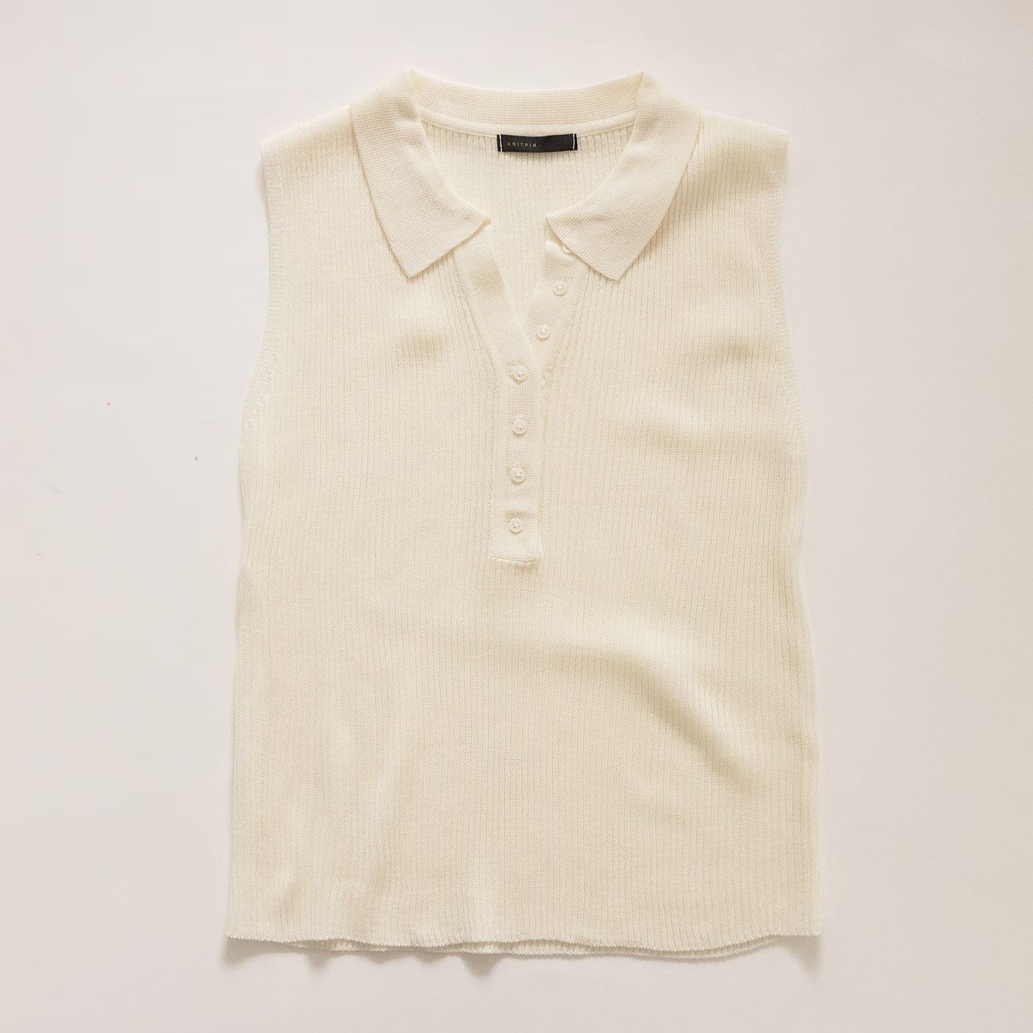 Lapel Half-Button Textured Stretch Knit Tank(2 colors)