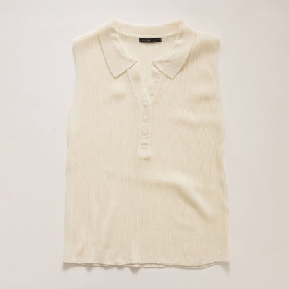 Lapel Half-Button Textured Stretch Knit Tank(2 colors)