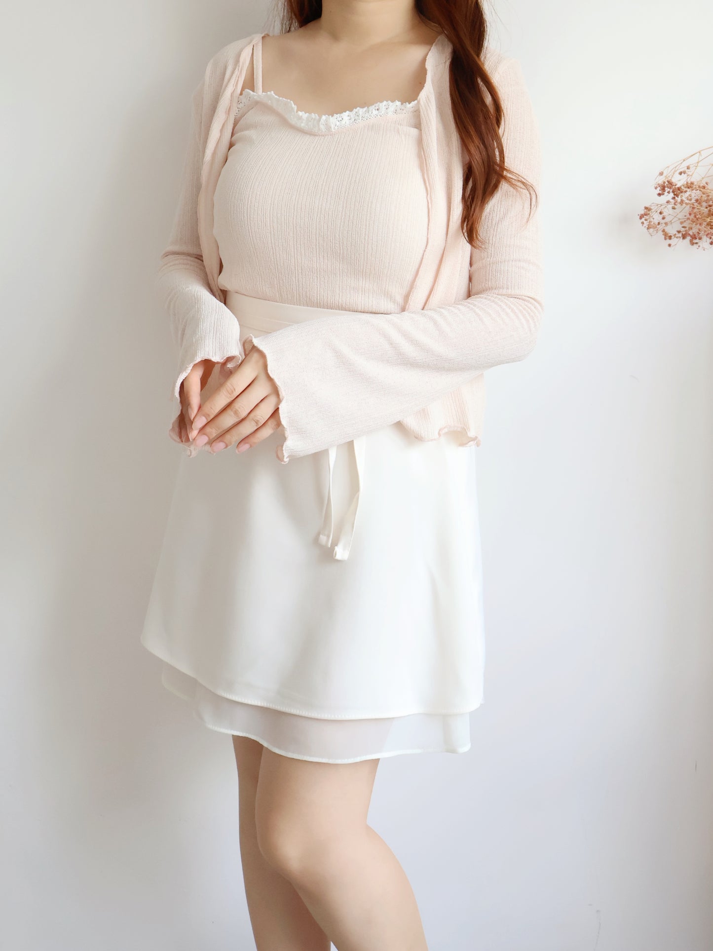 Pastel Lace-trim Cami & Cardigan 2-Piece Set(Peach)