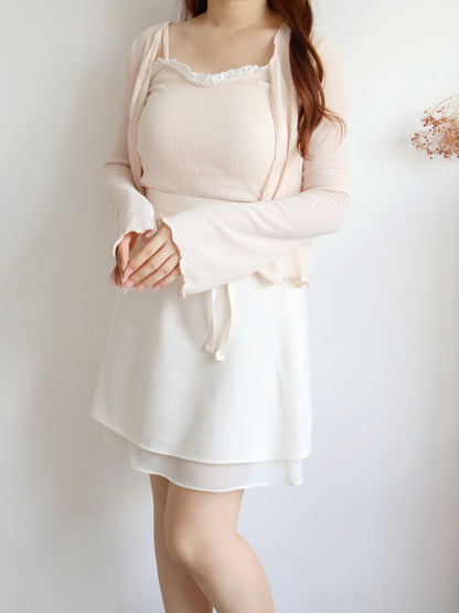 Pastel Lace-trim Cami & Cardigan 2-Piece Set(Peach)