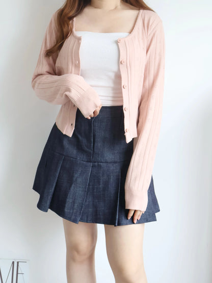 Soft Lace-Trim Eyelet Knit Cardigan(Indipink)