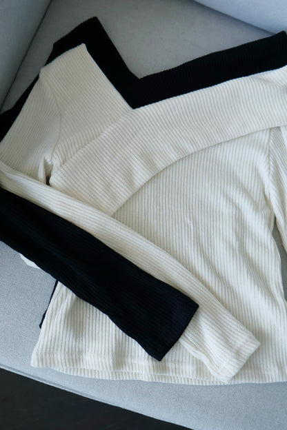 [2-WAYS] Elegant Irregular Neckline High-Elastic Knit Top(Black)