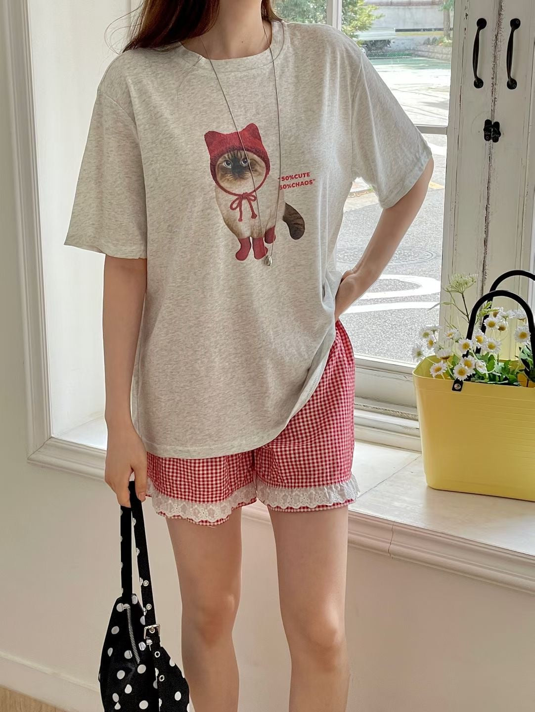 Oversized 50% Cute Cat Graphic Cotton T-Shirt(3 Colors)