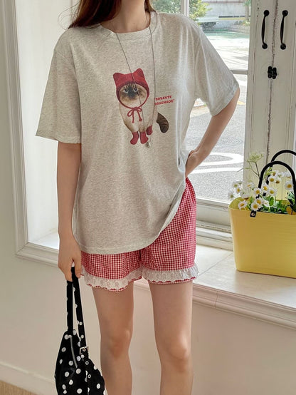 Oversized 50% Cute Cat Graphic Cotton T-Shirt(3 Colors)