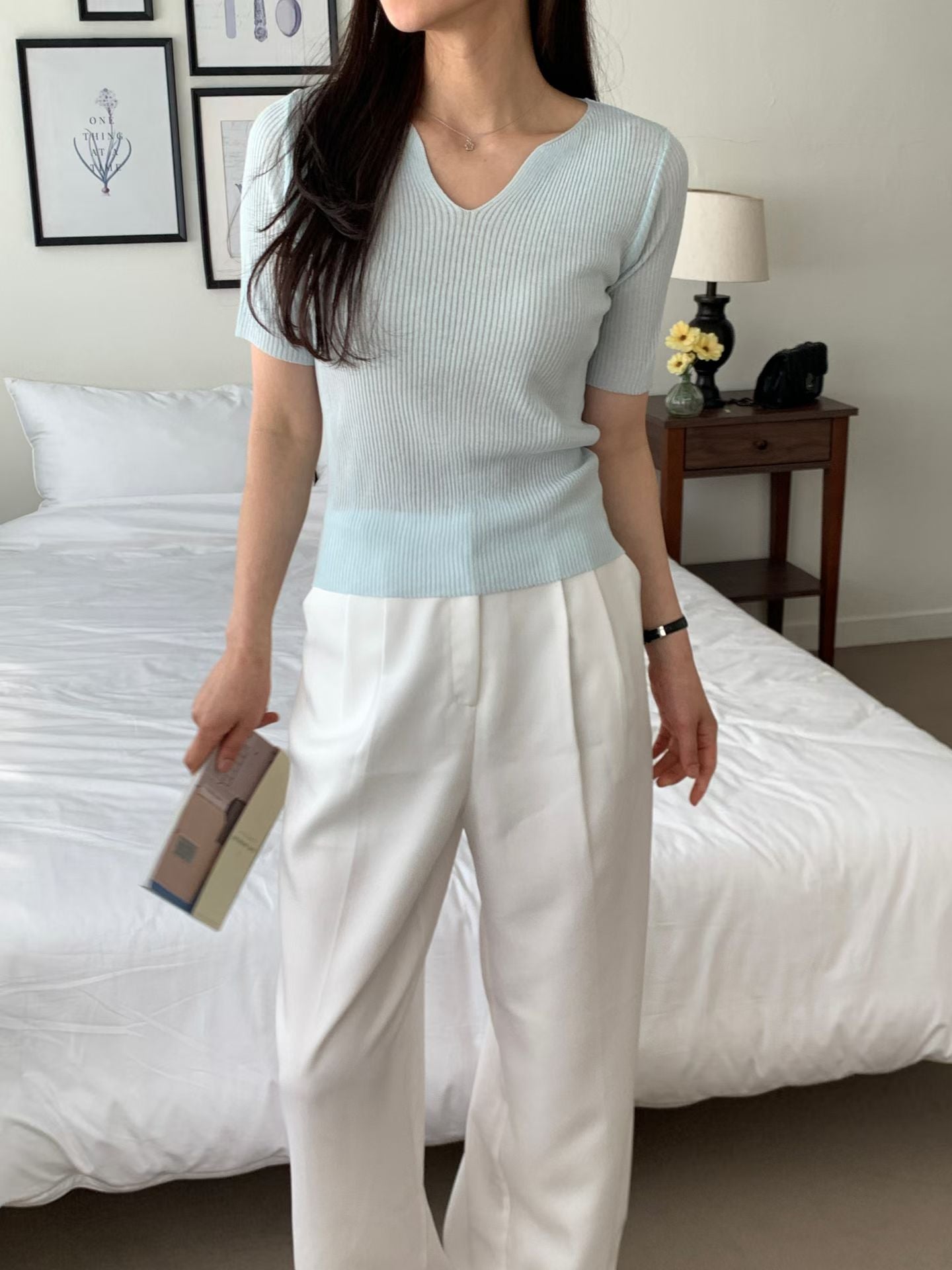 V-Neck Textured Stretch Cooling Knit Top(5 colors)