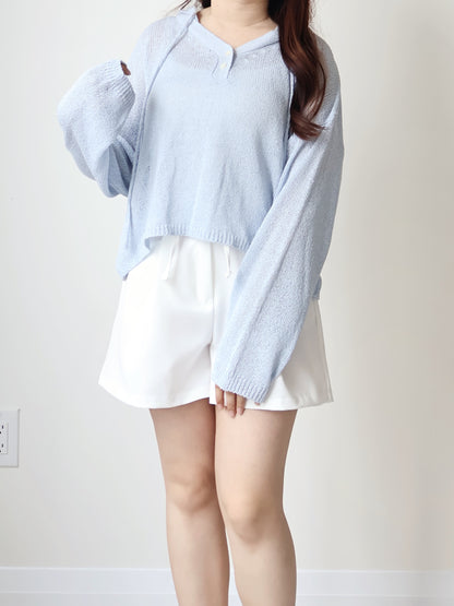Relaxed 2-Button Hooded UV knit Top(Skyblue)