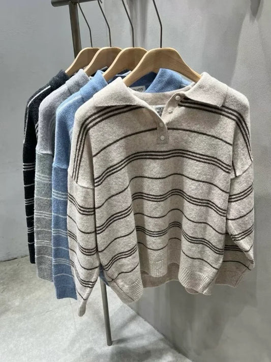 [5% WOOL] Collar Striped Loose Fit Sweater (4 colors)
