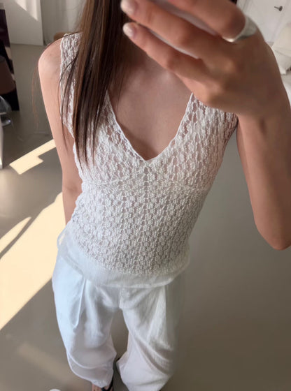 Romantic V-Neck Daisy Lace Sheer Tank Top(2 colors)