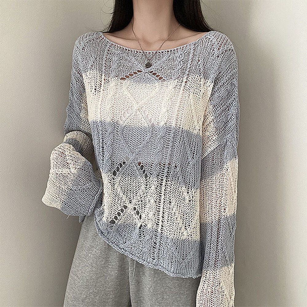 Soft Cable-Knit Colour-Block Top(Skyblue)