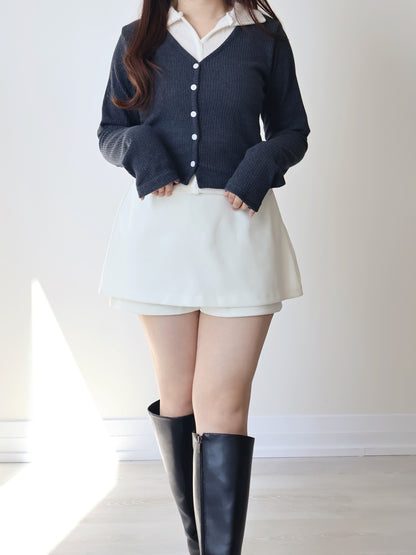 Faux Layered Lapel Button Top(Charcoal)