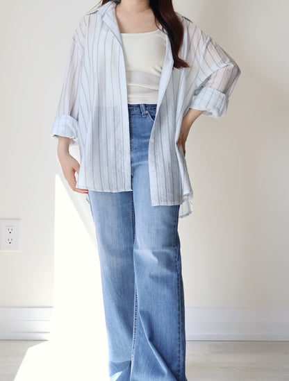 [Wrinkle-Free] Airy Sun-Protective Tencel Striped Shirt(Misty Blue)