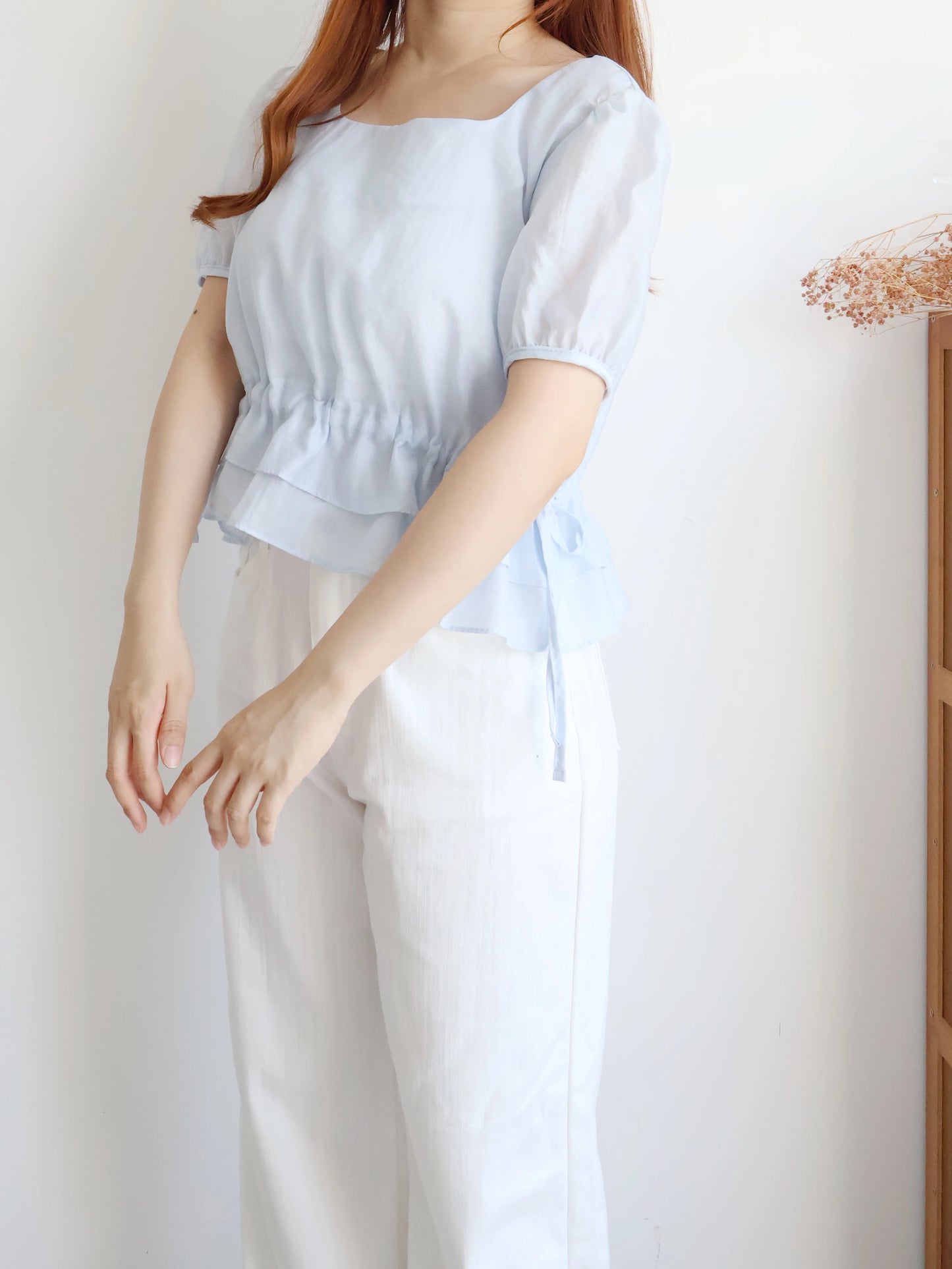 Airy Square-Neck Cinched Chiffon Blouse(Sky blue)