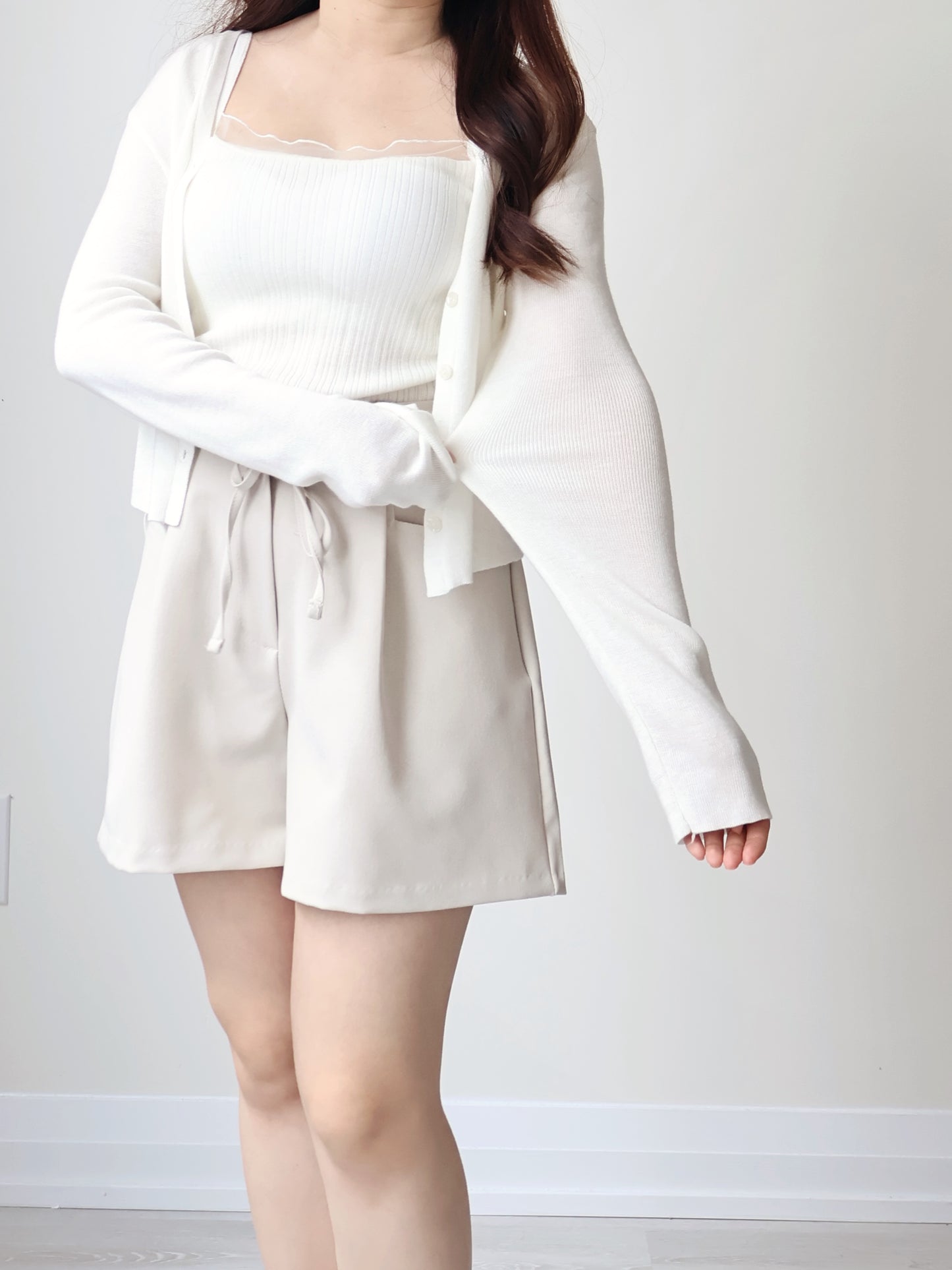 [2-Piece Set] Romantic Semi-Sheer Padded Camisole with Ultra-Soft Cardigan(Ivory)