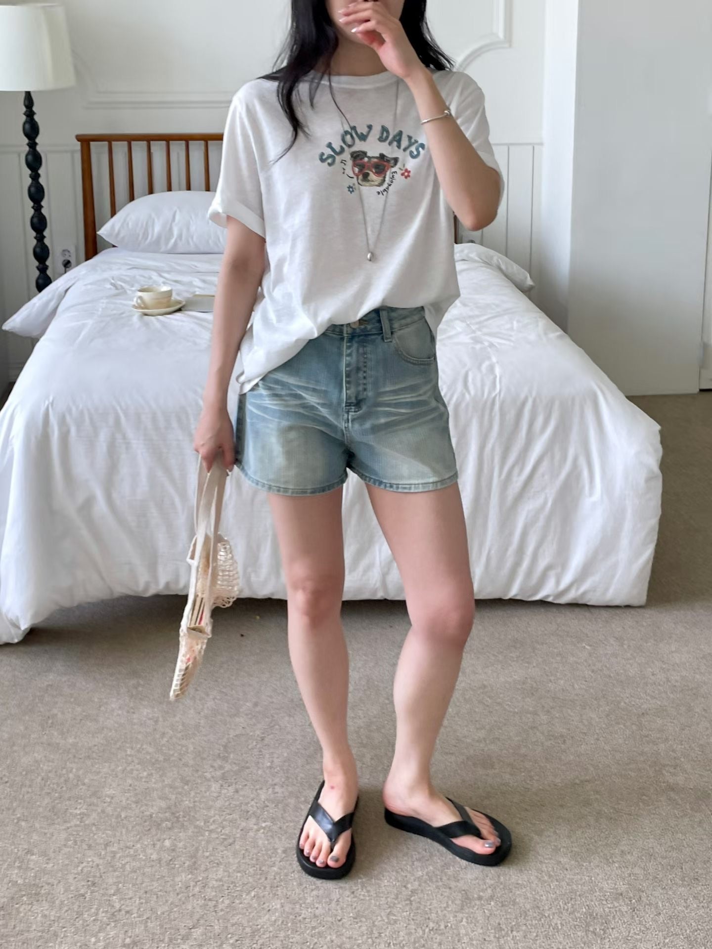 Oversized Slow Days Dog Graphic Cotton T-Shirt(3 Colors)